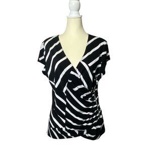 Vintage Joseph Ribkoff Black White Striped Faux Wrap VNeck Blouse Womens Size 18
